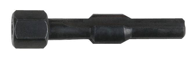 Ein schwarzer, metallischer Bit-Einsatz in Sechskantform, offenbar ein Werkzeugaufsatz, auf neutralem Hintergrund.