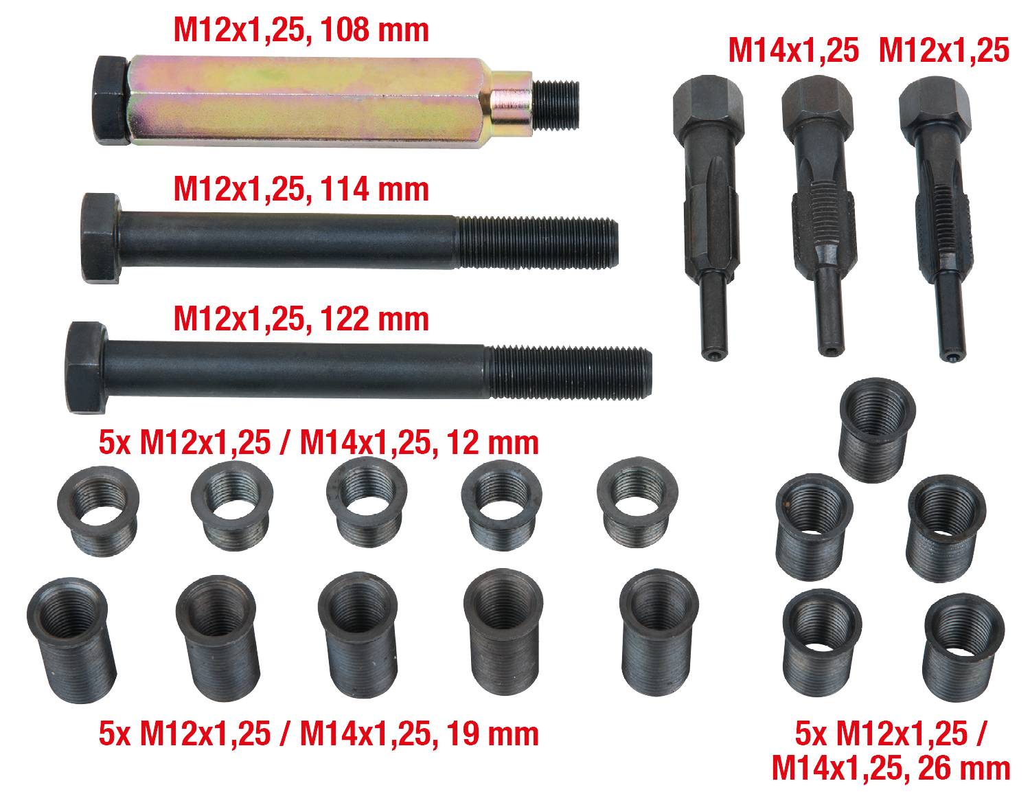 Verschiedene Metallbolzen und Buchsen mit Gewindegrößen und Längenangaben. Zeigt M12 und M14 Bolzen mit verschiedenen Maßen.