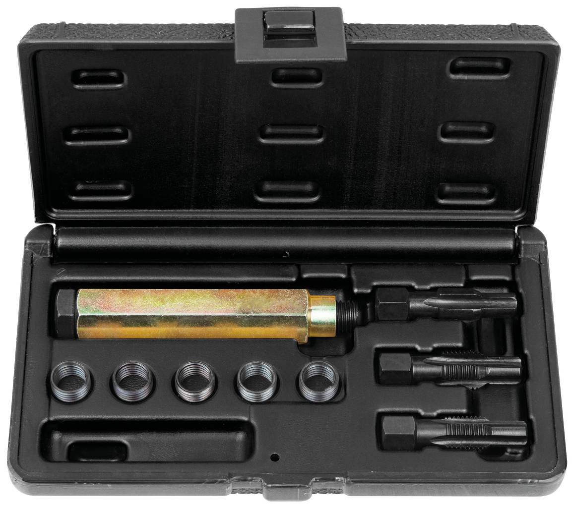 Ein Set von Gewindereparaturwerkzeugen in einer schwarzen Box, bestehend aus Einsätzen, Spiralbohrer, Gewindebohrer und Einschraubwerkzeug. Ideal für beschädigte Gewinde.