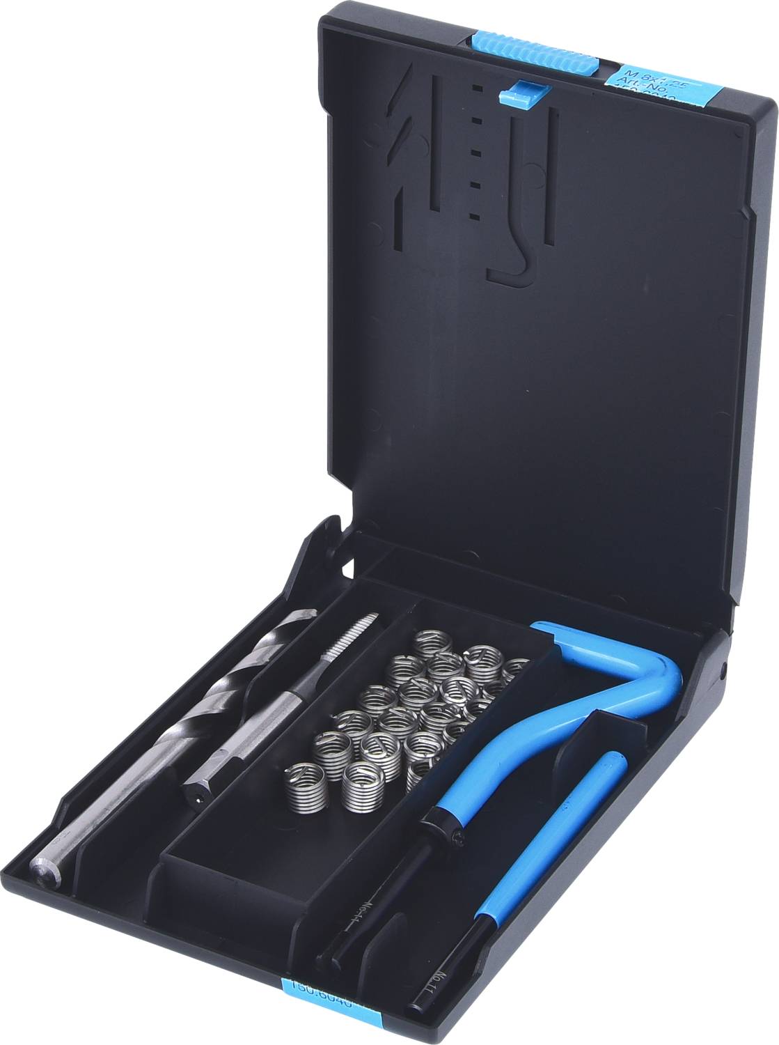 'Helicoil Gewindereparaturset' in einem offenen Kästchen mit verschiedenen Werkzeugen und Gewindeeinsätzen. Ideal zur Reparatur beschädigter Gewinde.