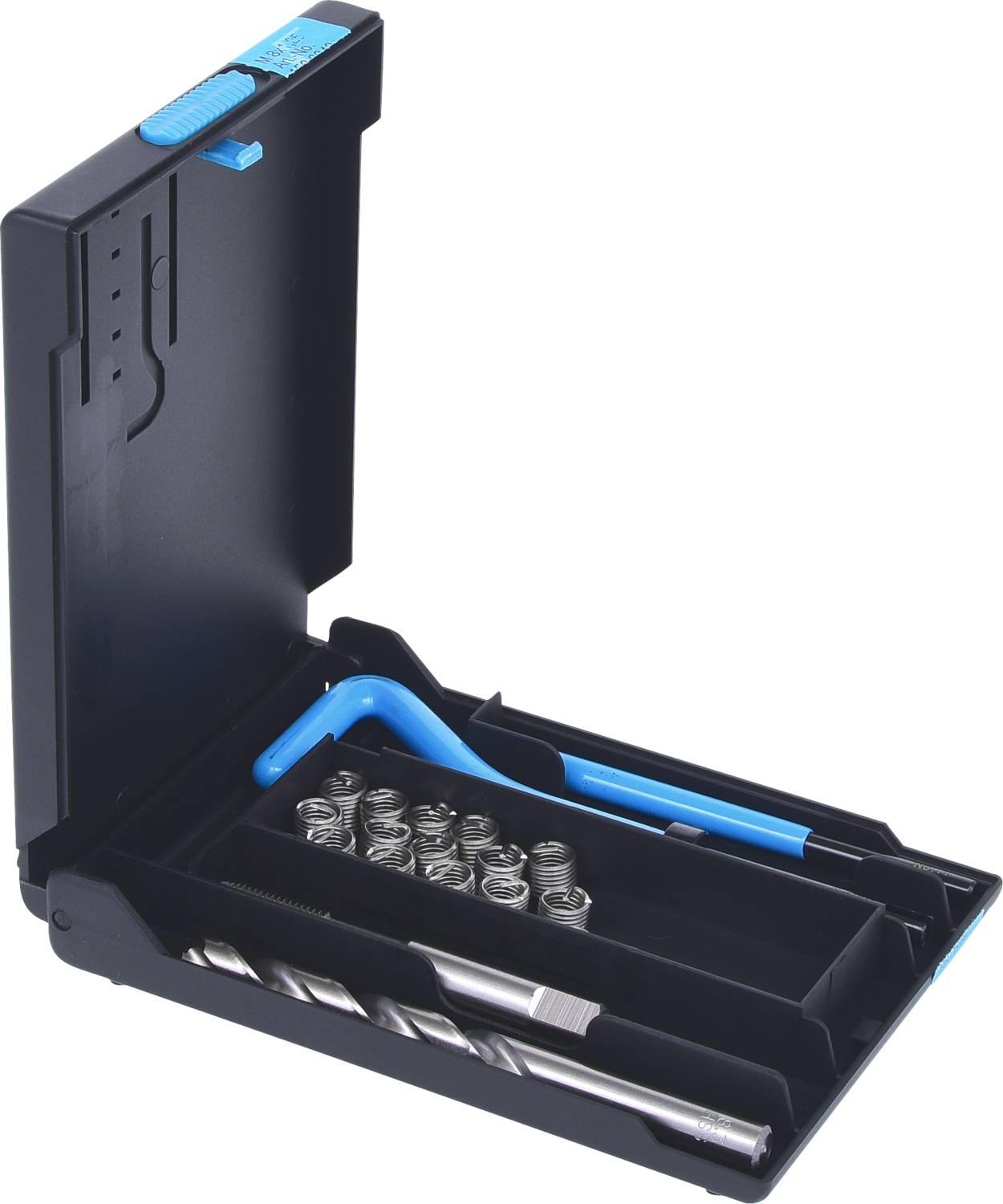 Ein offenes Bohrerset in einer schwarzen Box mit blauen Akzenten, das verschiedene Bohrer und Werkzeugteile enthält.