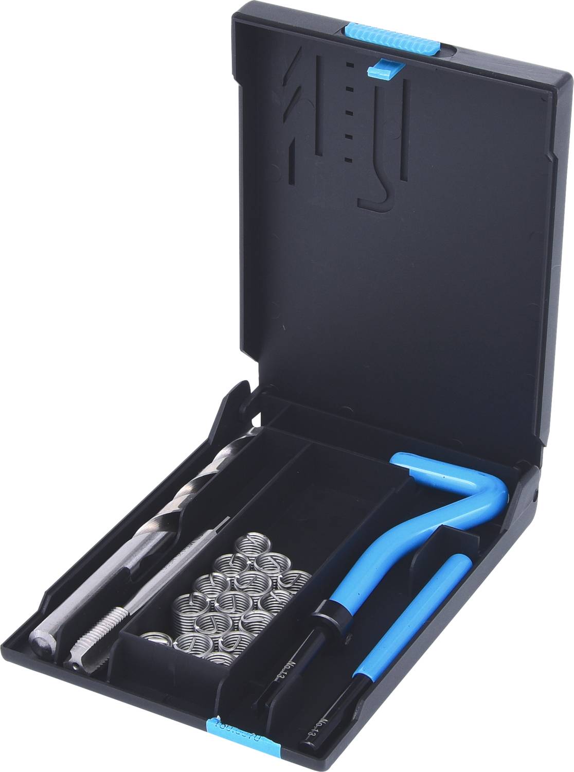 Ein offenes Werkzeugset mit blauem Griff, verschiedenen Einsätzen und mehreren kleinen Metallringen in einem Fach.