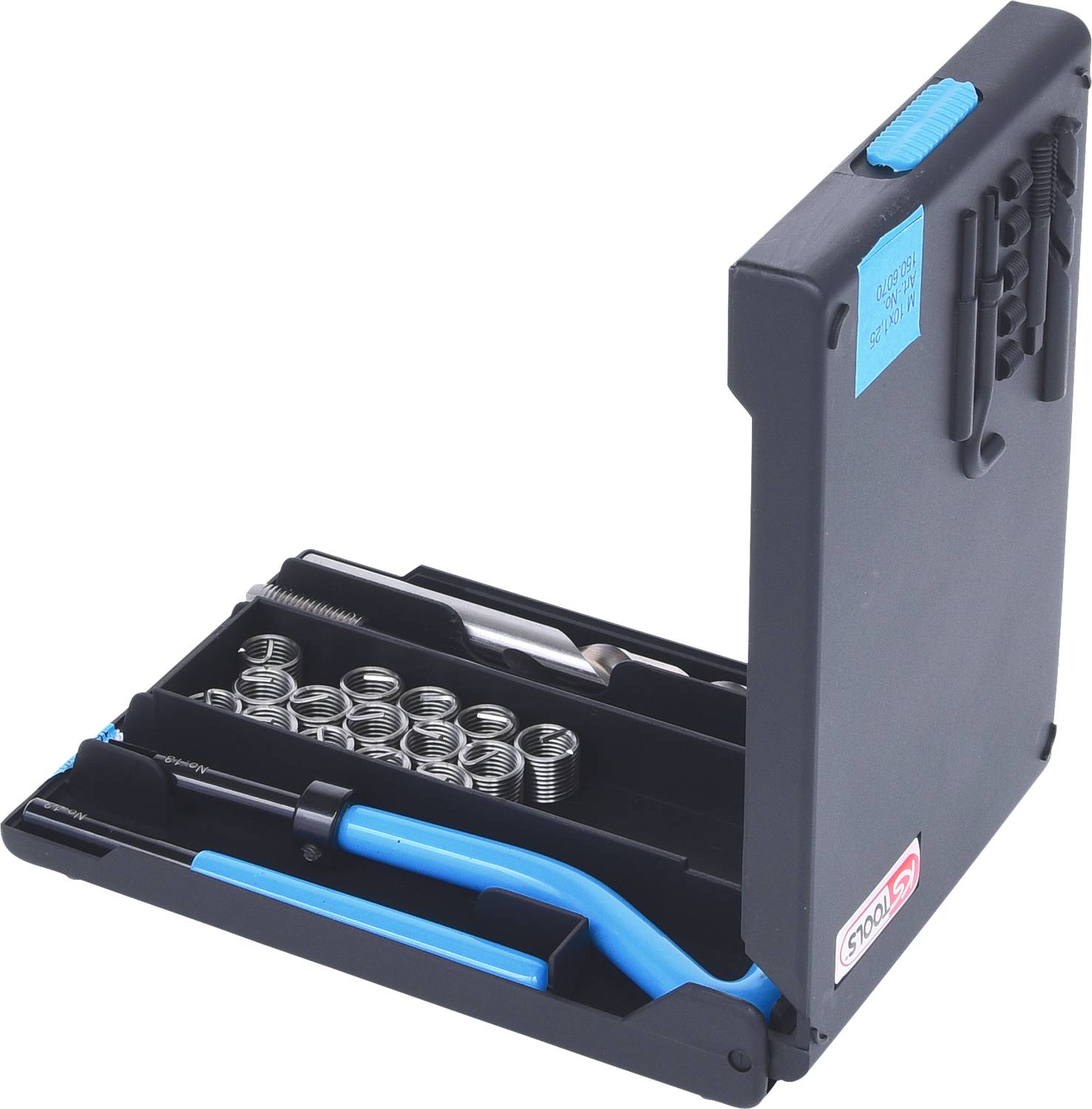 Eine Metallreparaturbox mit Spiraleinsätzen, Werkzeugen und Handgriff, zur Reparatur oder Verstärkung beschädigter Gewinde.