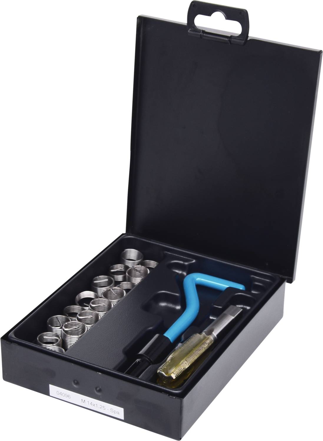 Ein offenes Werkzeug-Set mit mehreren Metallspiralen, einem blauen Hakenwerkzeug und einem Schraubendreher, in einer schwarzen Box.
