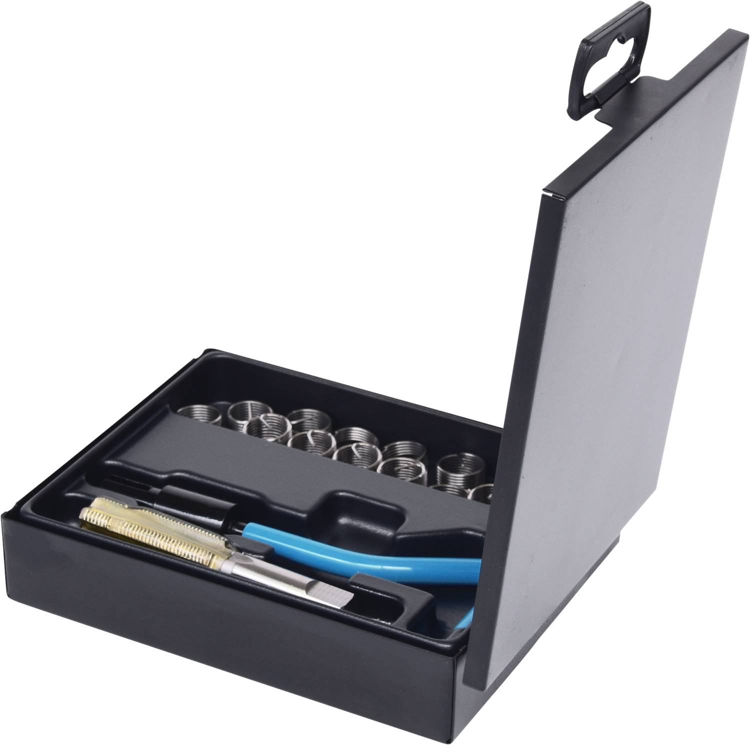 Ein offenes schwarzes Etui mit verschiedenen metallischen Gewindeeinsätzen und einem blauen Werkzeug. Ideal zur Reparatur von Gewinden.