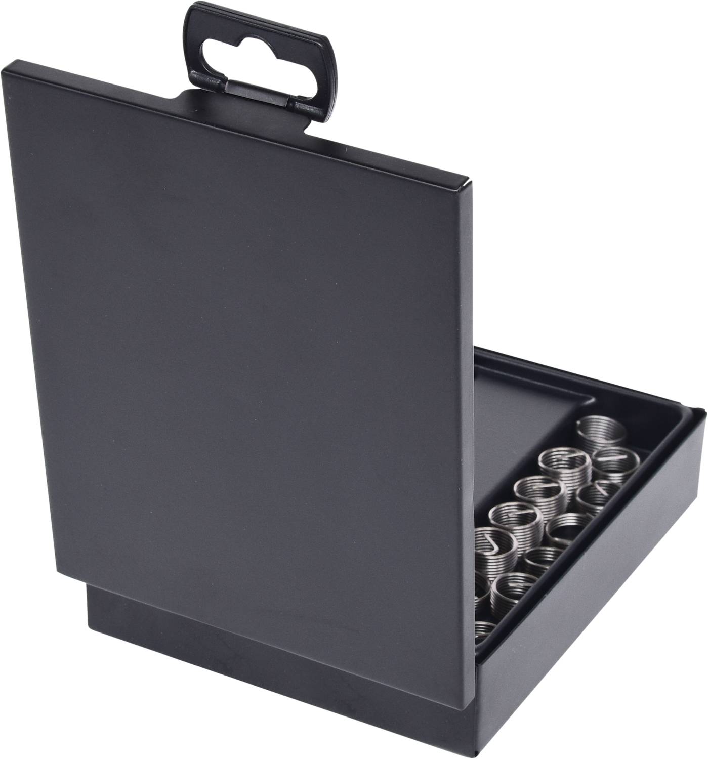 Eine schwarze, geöffnete Box mit mehreren kleinen Metallspulen innen. Die Box hat einen Tragegriff oben.