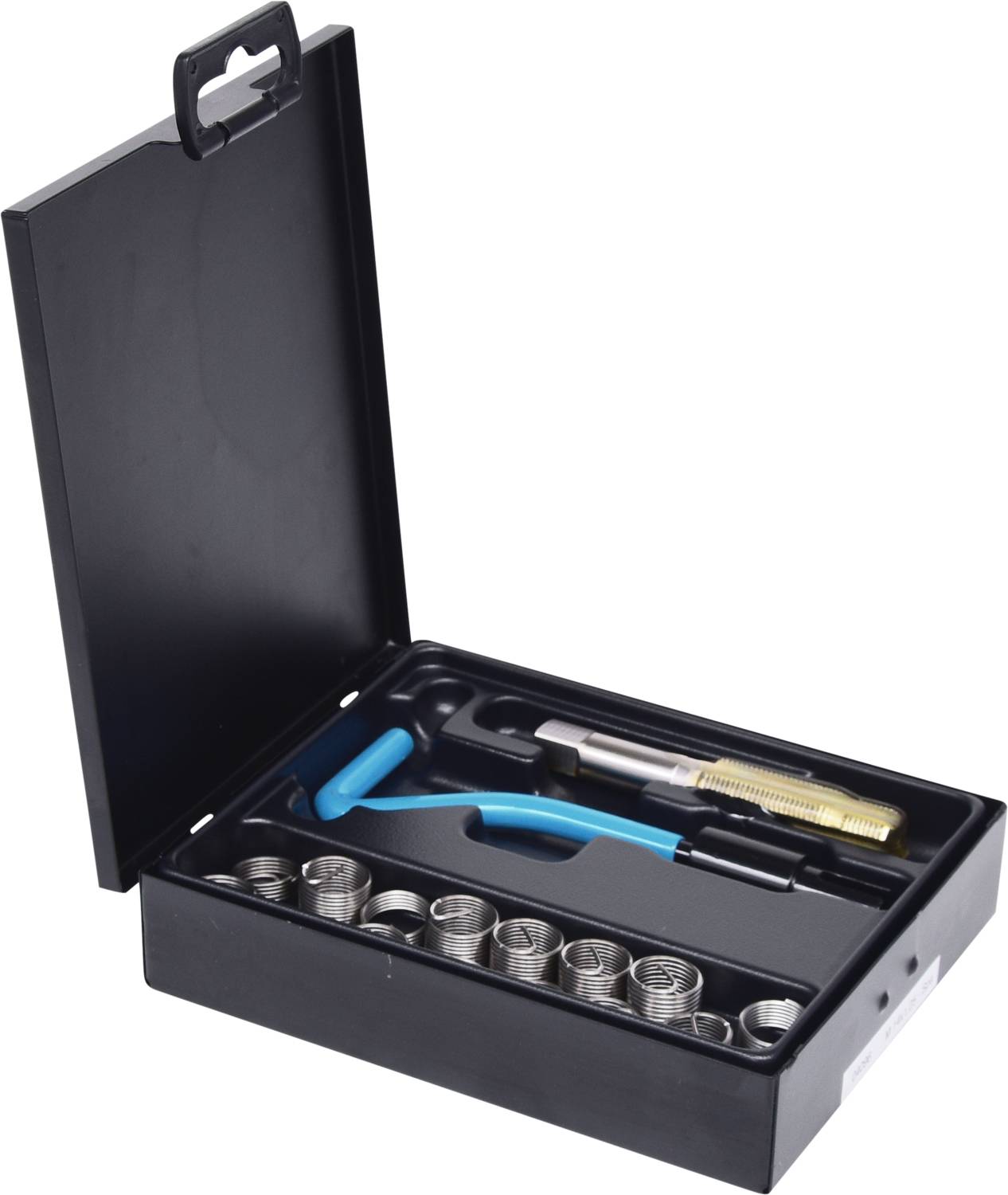 Ein offenes Reparaturset für Gewindebohrer und -einsätze mit mehreren Einsätzen in einer schwarzen Box.