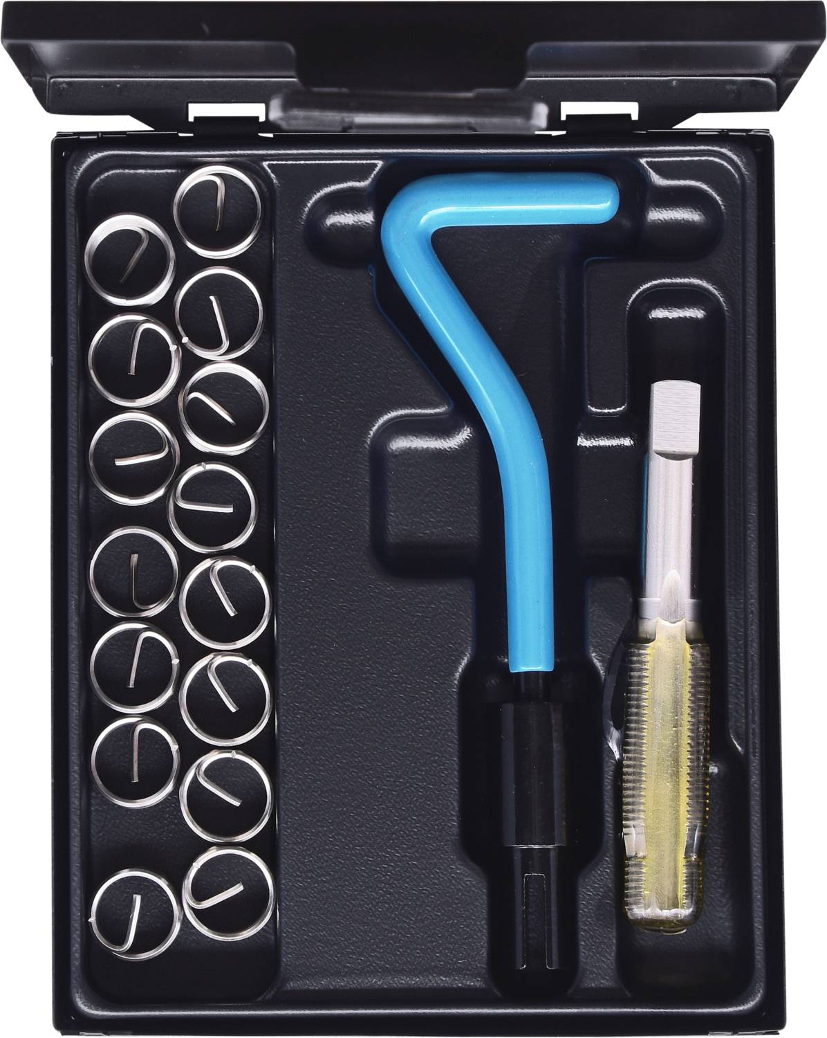 Werkzeugkasten mit 15 kleinen Ringen, blauer Haken und Schraubendreher, wahrscheinlich für Reparaturen oder Montagen gedacht.
