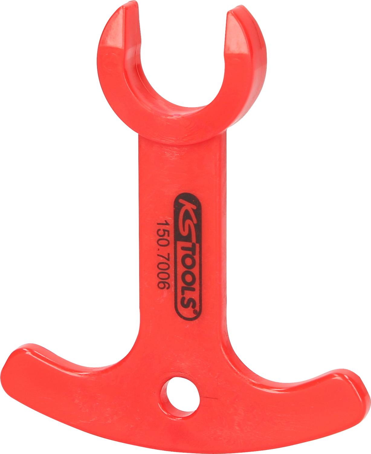 Rotes Kunststoffwerkzeug mit zwei unterschiedlichen Enden und einem Loch in der Mitte. Es trägt die Aufschrift 'KS Tools 150.7006'.