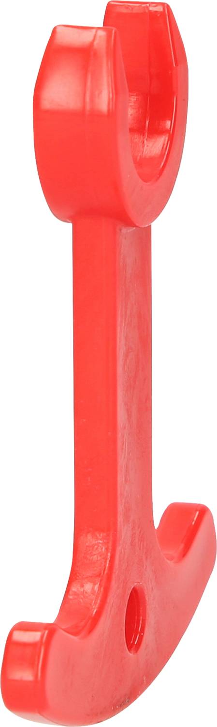 Roter Kunststoffhaken in J-Form, verwendet zur Befestigung von Objekten.