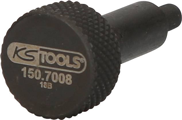 Ein schwarzer rundlicher Metallaufsatz mit geriffelter Struktur, Aufschrift 'KS Tools 150.7008 16B'. Werkzeugs Zubehörteil.
