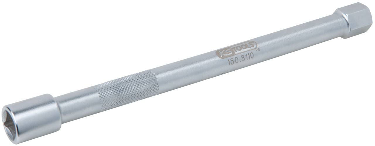 Ein Verlängerungsaufsatz aus Metall für Werkzeuge, mit geriffeltem Griff für besseren Halt. Eignet sich zur Verlängerung der Reichweite.