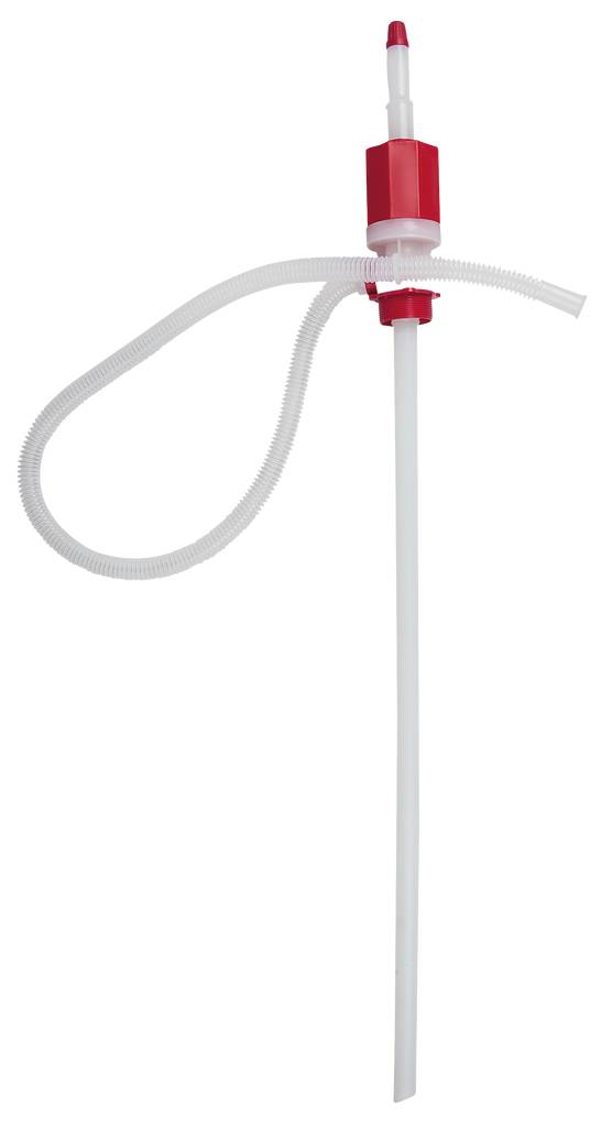 Eine manuelle Siphonpumpe mit rotem und weißem Kunststoffkörper und flexiblem Schlauch zur Flüssigkeitsübertragung.