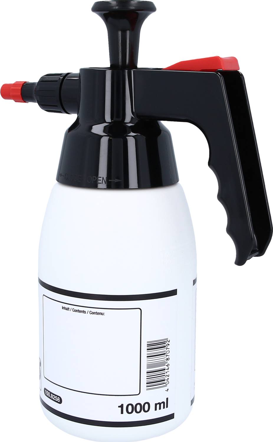 Eine weiße Sprühflasche mit schwarzem Druckgriff und roter Düse, Füllmenge 1000 ml, steht aufrecht.