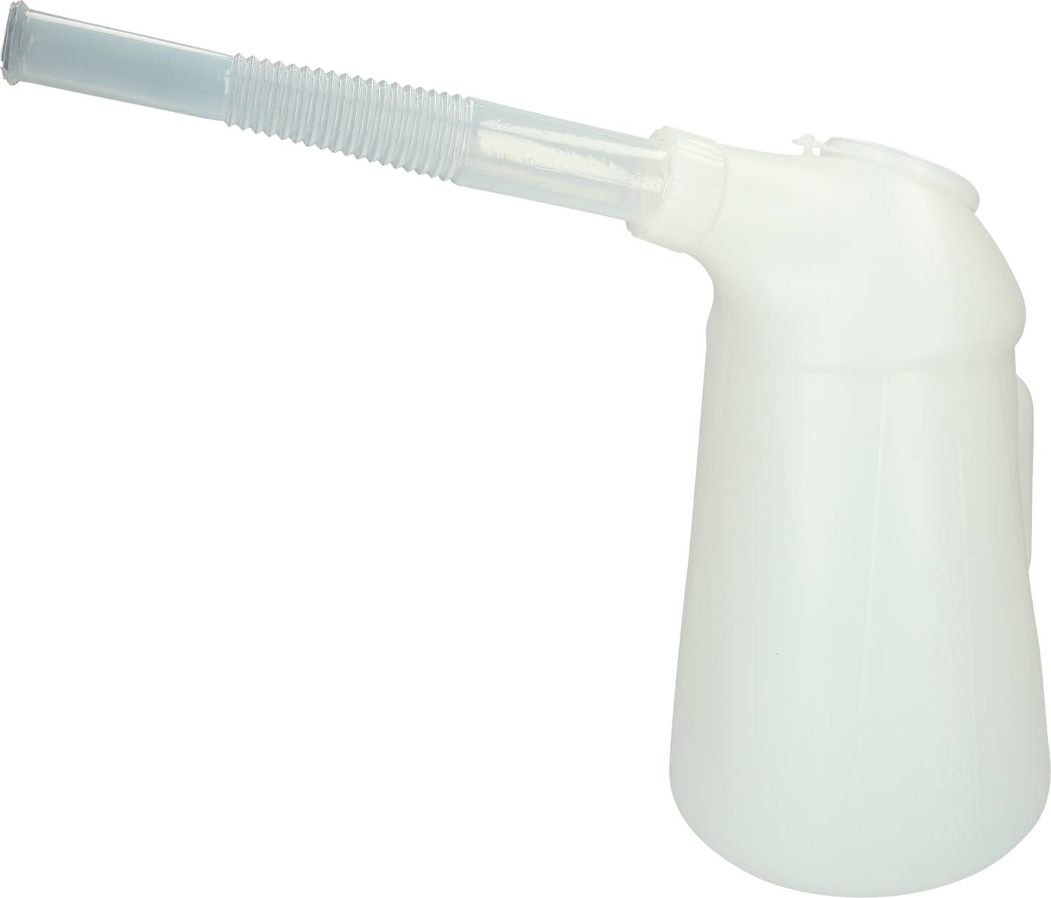 Ein transparenter Plastikbehälter mit langem, flexiblem Ausguss, vermutlich zum Ausgießen von Flüssigkeiten.