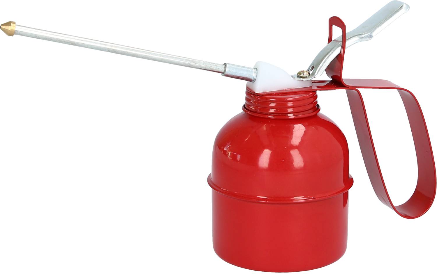 Rote Ölkännchen mit langem Auslauf und Hebelgriff. Wird zum präzisen Schmieren in Werkstätten und bei der Wartung verwendet.