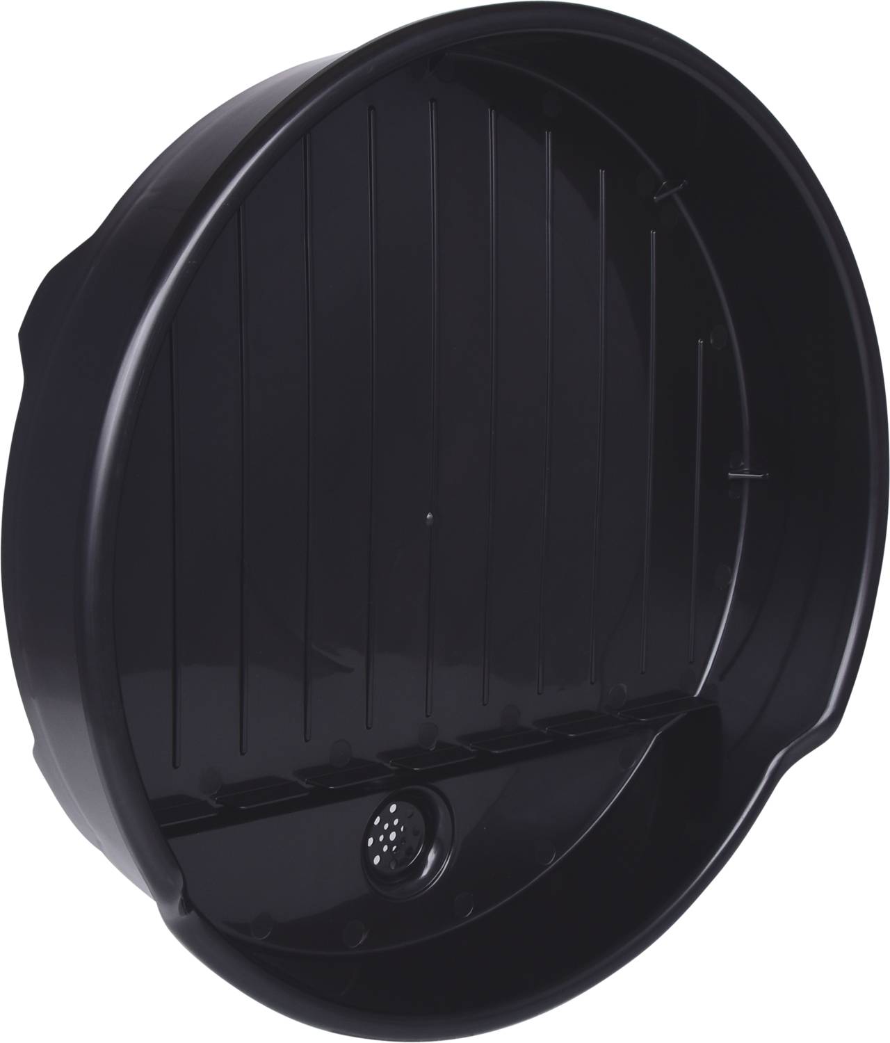 Schwarze, runde Kunststoffwanne mit geriffeltem Boden, kleiner Abflussöffnung und erhöhtem Rand.