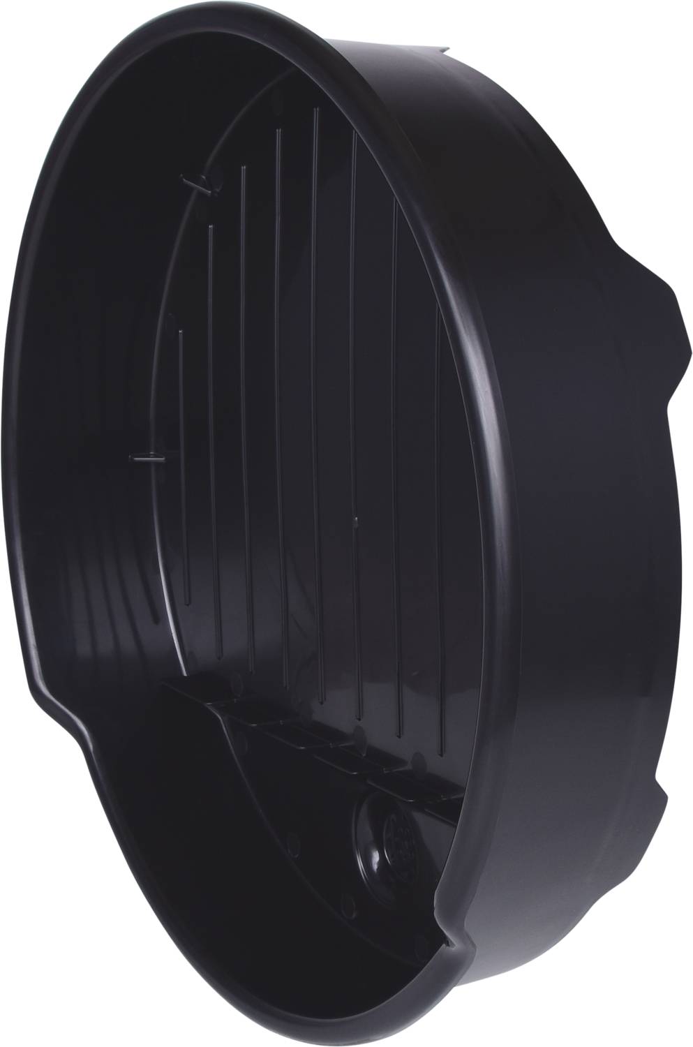 Schwarze, runde Auffangschale aus Kunststoff mit Rillen, seitlicher Ausgussöffnung und ergonomischen Griffen für Ölwechselarbeiten.