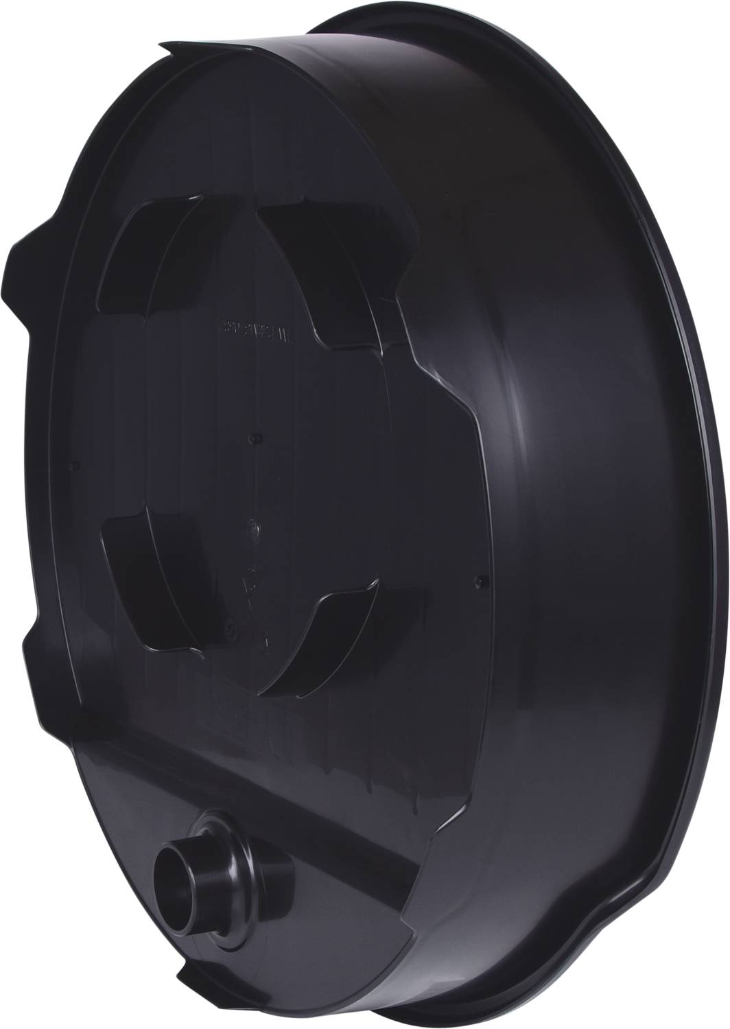 Schwarzer Kunststoffdeckel mit zentraler Öffnung und seitlichen Befestigungsnoppen, wahrscheinlich für einen runden Behälter.