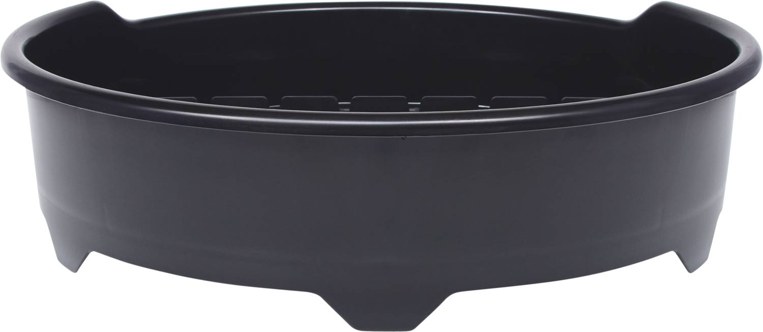 Ein schwarzes, rundes Tablett mit erhöhtem Rand, das für den Transport oder die Präsentation von Gegenständen verwendet werden kann.