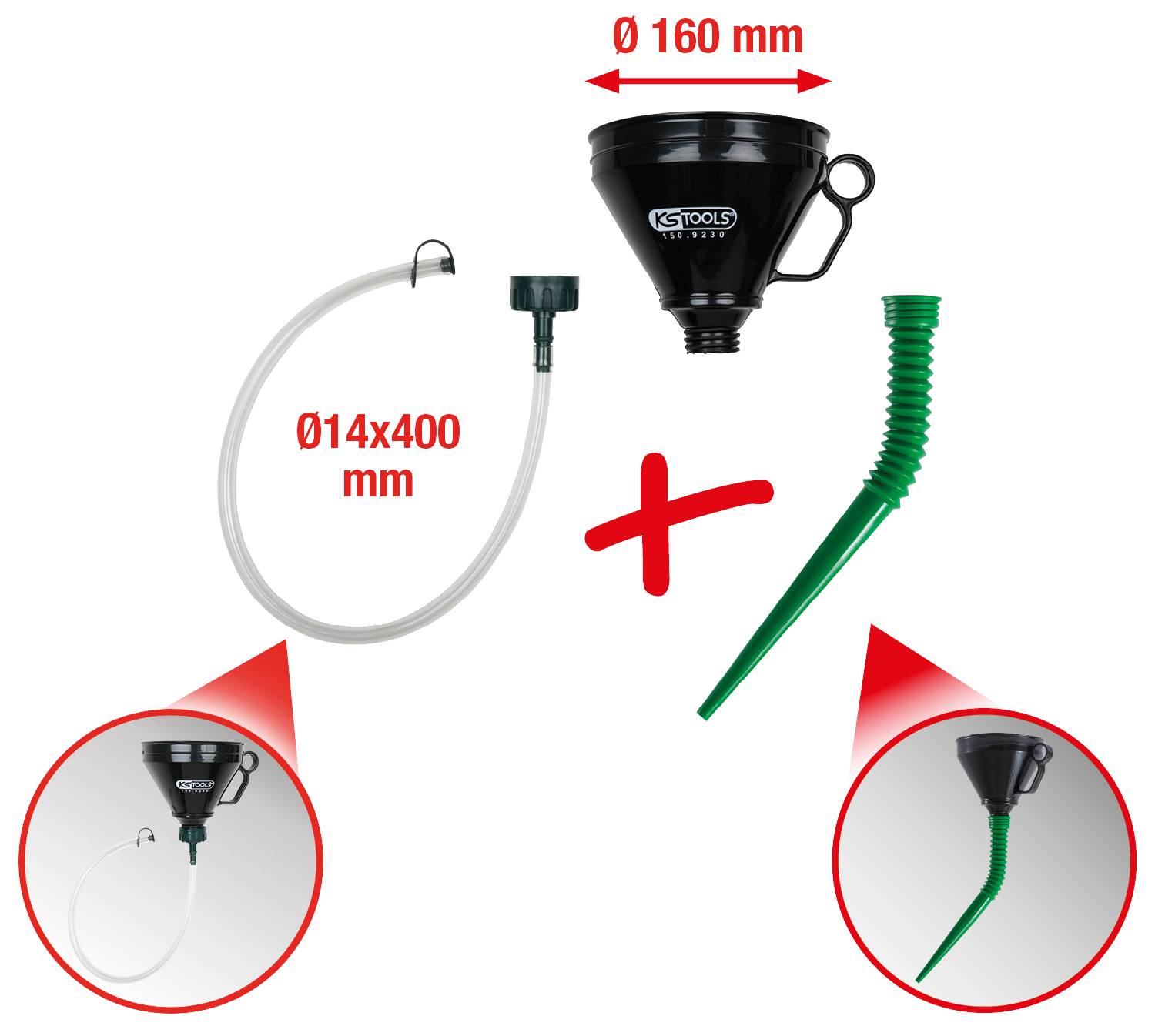 Trichter-Set mit Schlauch und grünem Füllrohr, geeignet für Flüssigkeiten, Haupttrichter-Durchmesser 160 mm.