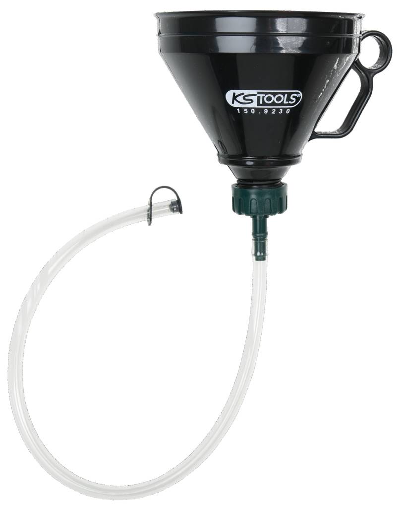 Schwarzer Trichter mit Handgriff und Schlauch, verwendet zum sicheren Einfüllen von Flüssigkeiten in schwer erreichbare Bereiche. Markenname 'KS Tools' auf der Vorderseite.