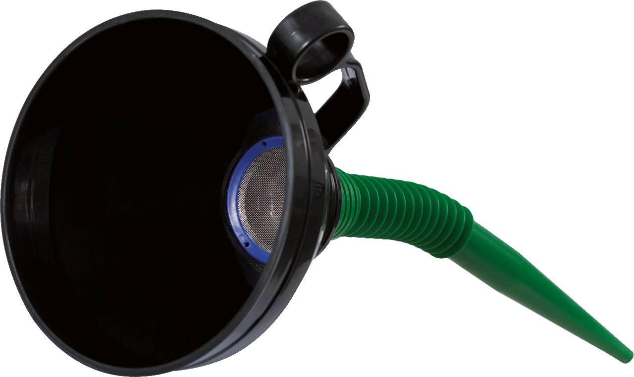 Ein schwarzer Trichter mit grünem flexiblem Auslauf und integriertem Sieb, verwendet für das saubere Befüllen von Flüssigkeiten.