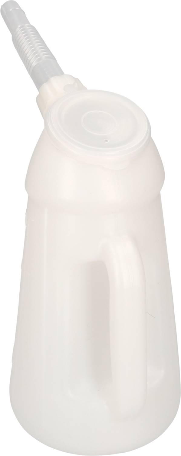 Ein weißer Plastikurinbehälter mit Griff und abgewinkeltem Ausguss, oft in Krankenhäusern oder Pflegeeinrichtungen verwendet.