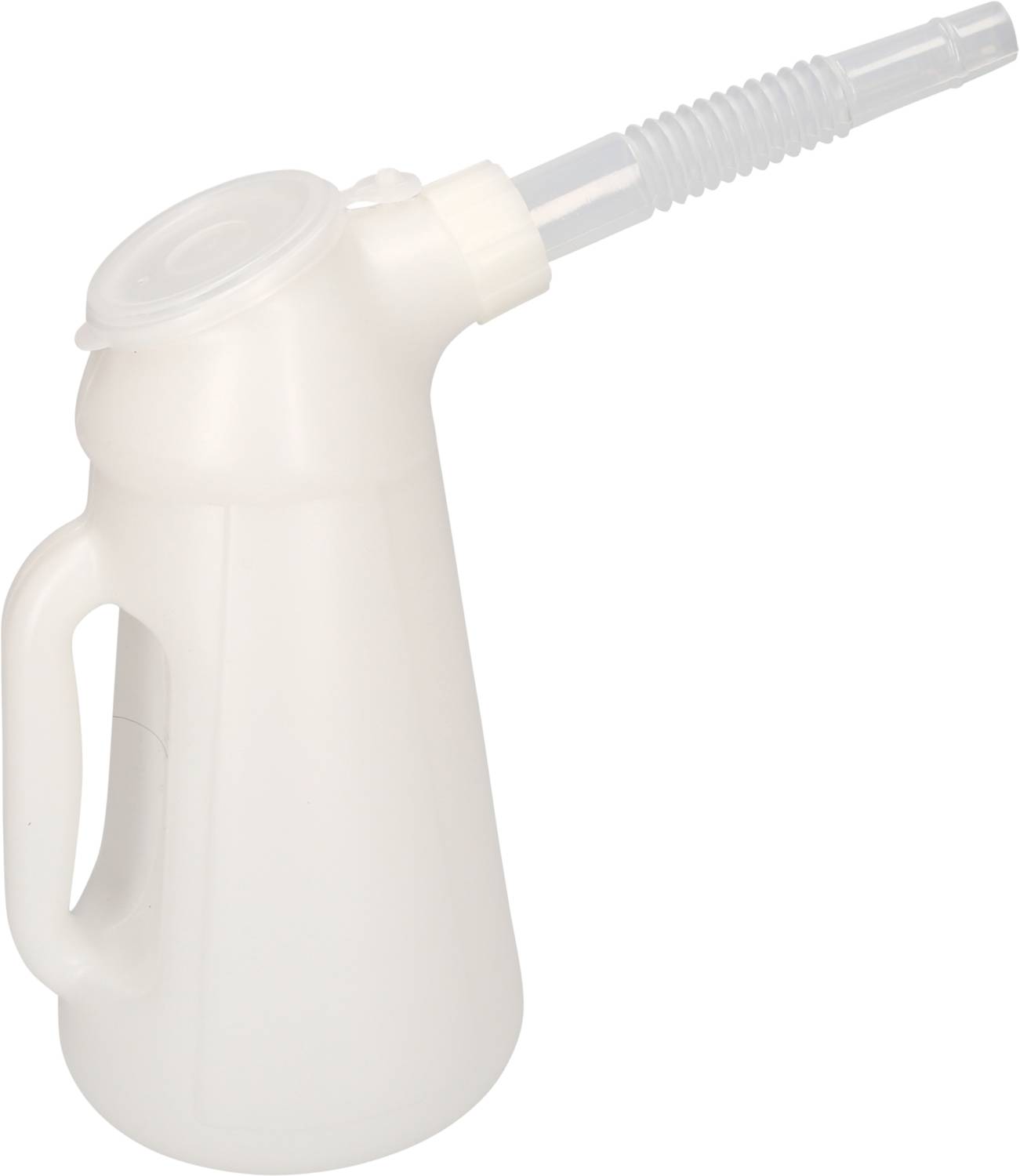 Eine weiße Kunststoffgießkanne mit einem Ausgussrohr und einem Griff an der Seite.