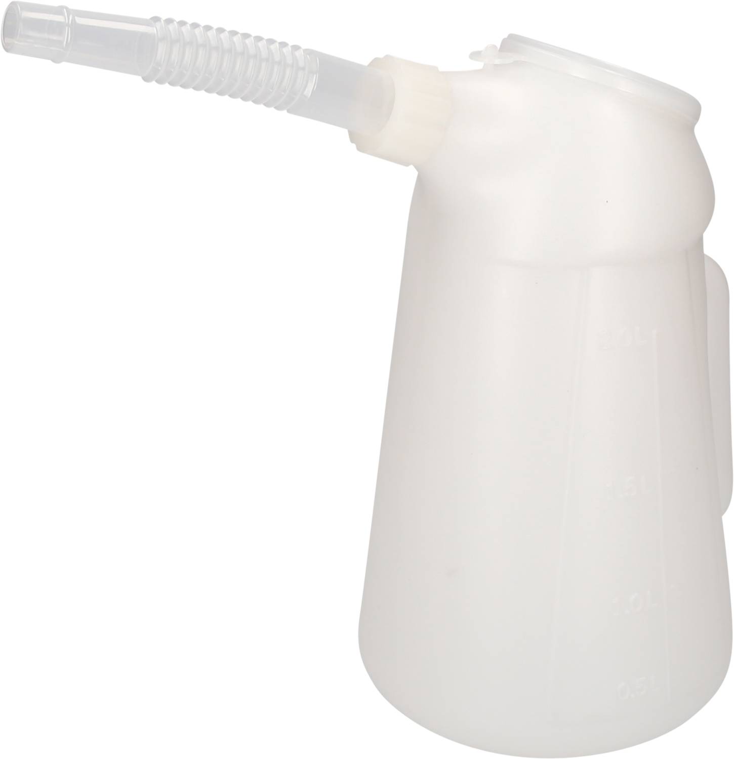 Weiße Plastik-Trinkkanne mit abgewinkeltem Ausguss und Griff, für einfache Wasserabgabe und Handhabung.