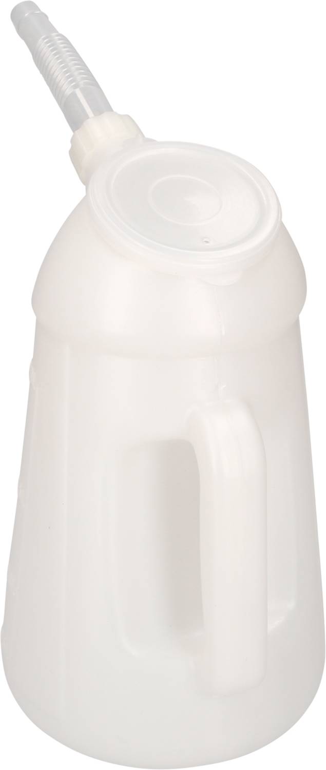 Transparente Plastikflasche mit Griff und Schraubverschluss, aufrecht stehend.