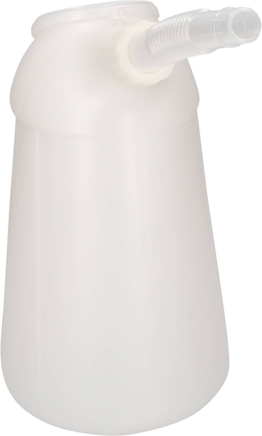 Eine weiße Kunststoffflasche mit einem kurzen, gebogenen Ausguss, geeignet für präzises Ausgießen von Flüssigkeiten.