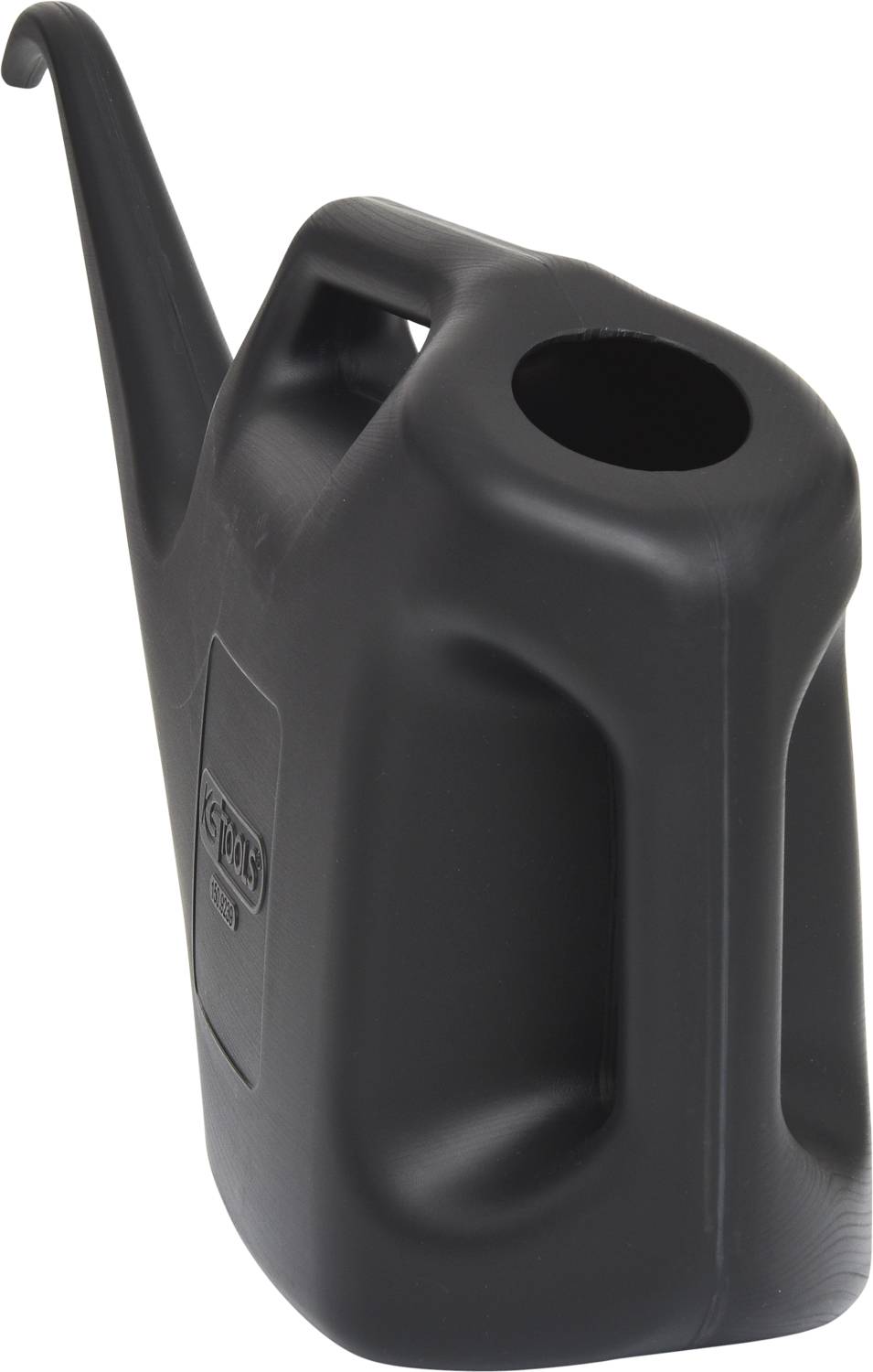 Schwarze Kunststoff-Gießkanne mit langen Ausguss und ergonomischem Griff. Geeignet zum präzisen Bewässern von Pflanzen.