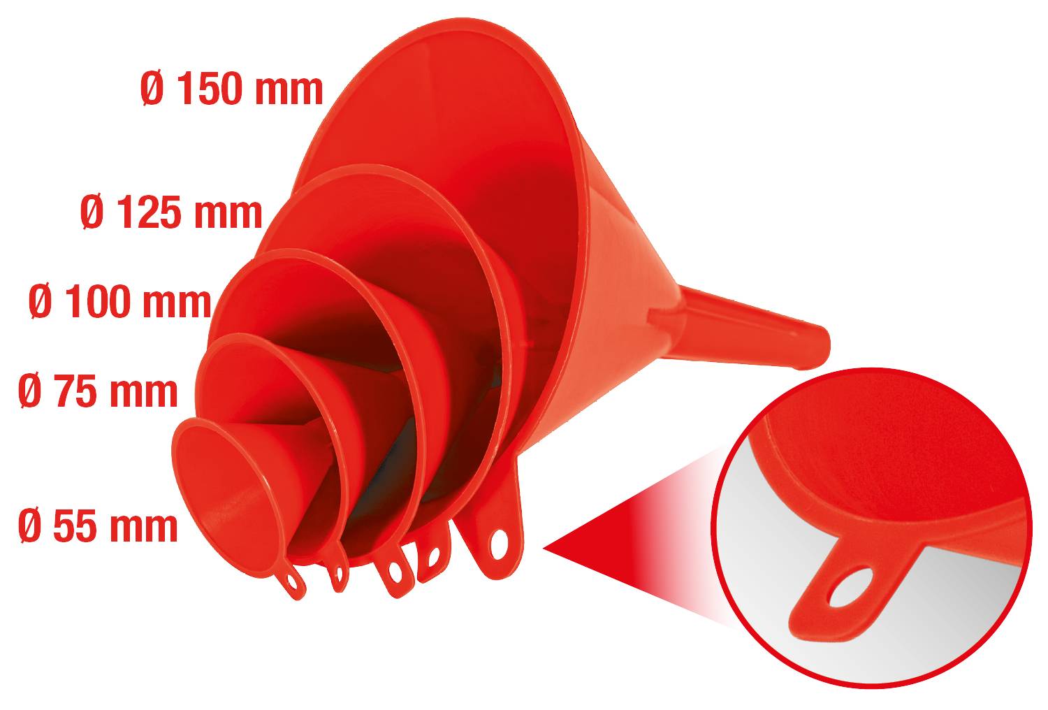 Fünf rote Trichter in verschiedenen Größen, die von 55 mm bis 150 mm im Durchmesser reichen, mit Nahansicht des Aufhängelochs.