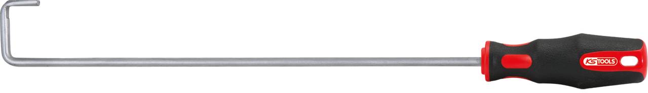 Ein langer, metallischer Schraubenzieher mit einem L-Haken und einem ergonomischen Griff in Rot und Schwarz.