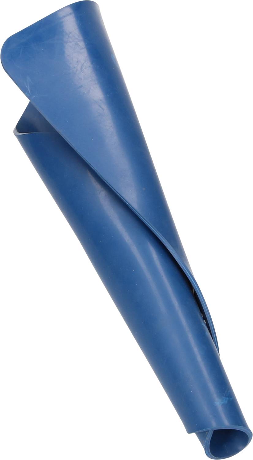 Ein blauer Silikontrichter, zusammengerollt, zur platzsparenden Aufbewahrung.