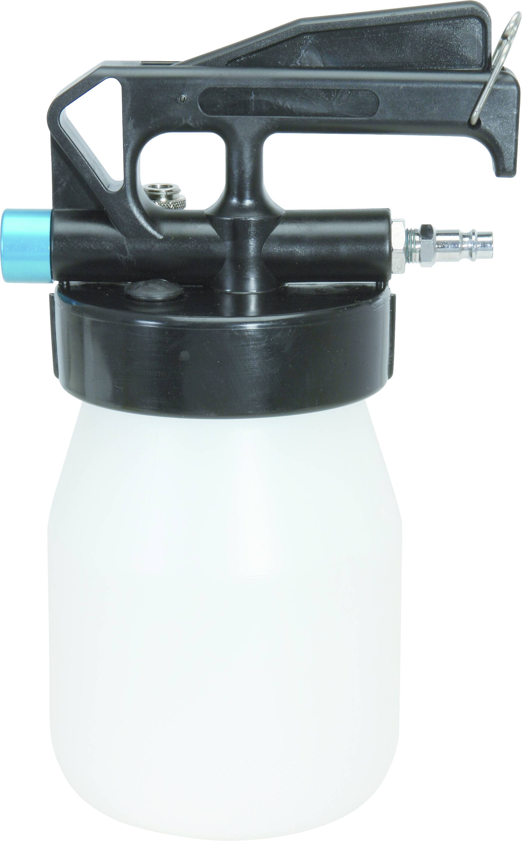 Sprühflasche mit schwarzem Auslöser und weißem Behälter, verwendet zur gleichmäßigen Verteilung von Flüssigkeiten, z.B. Reinigungsmittel.