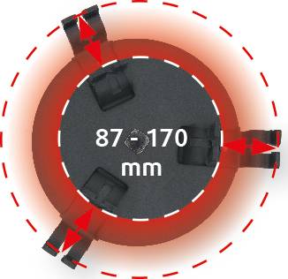 Ein rundes, verstellbares Objekt mit den Maßen '87-170 mm', umgeben von einem roten gepunkteten Kreis und drei schwarzen Clips.