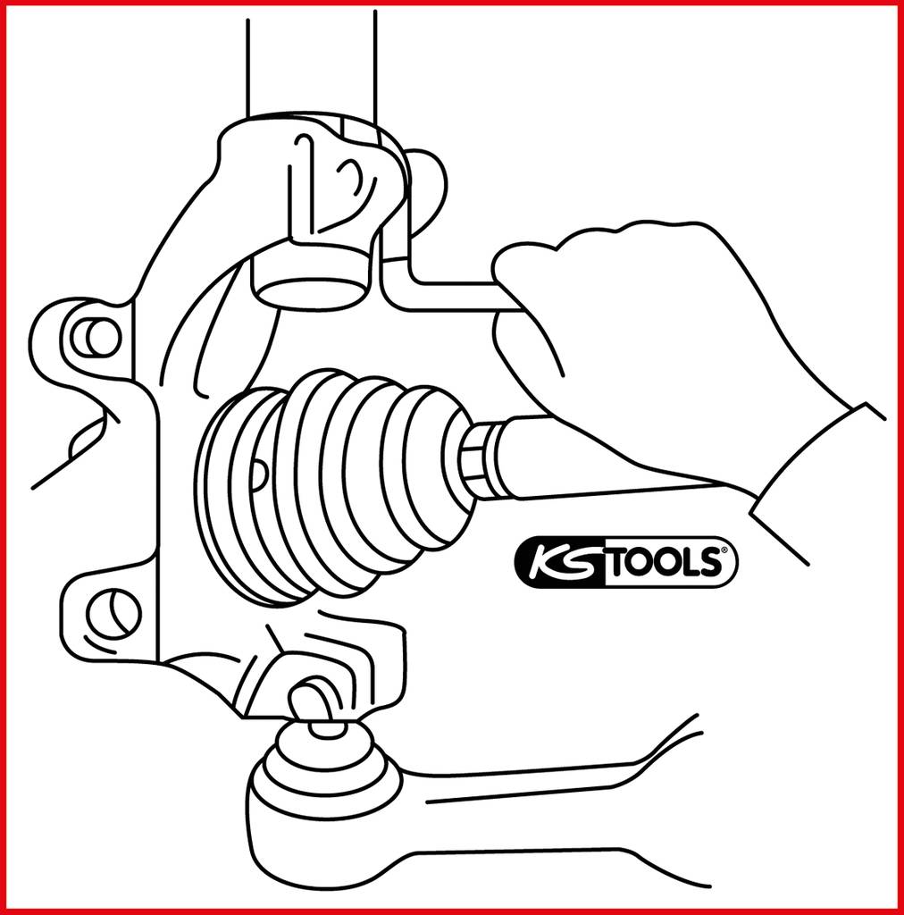 Eine Hand hält ein Werkzeug, um eine Autoteil-Verbindung zu bearbeiten. Markierung 'KS TOOLS' sichtbar.