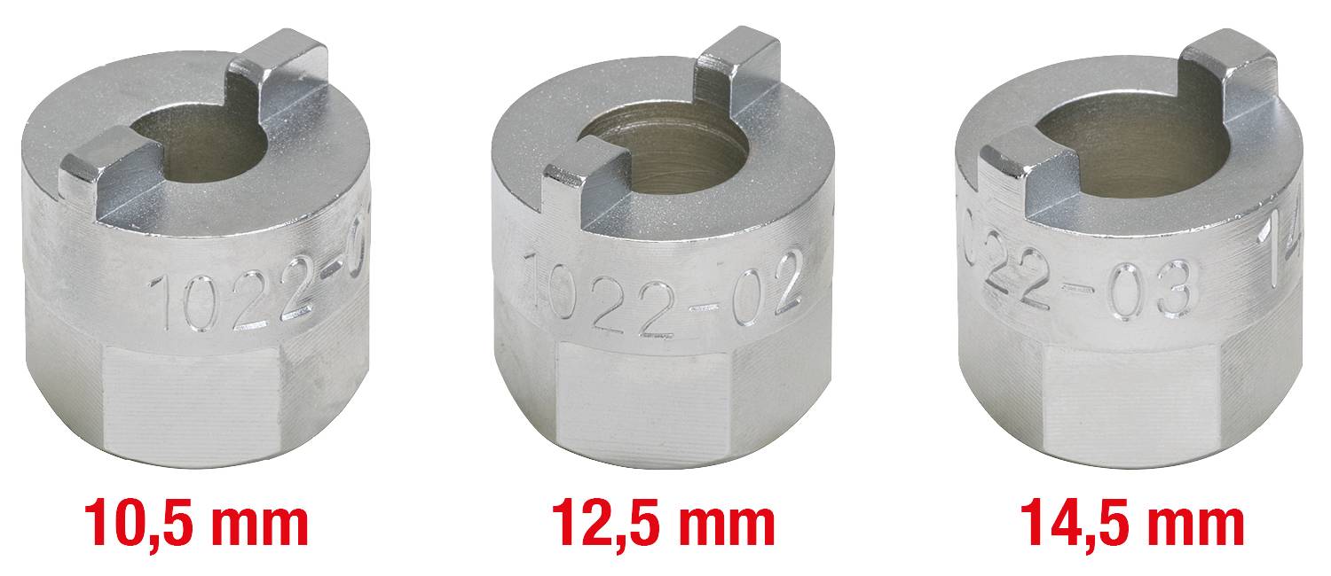 Drei Metalladapter mit unterschiedlichen Durchmessern (10,5 mm, 12,5 mm, 14,5 mm) nebeneinander, von links nach rechts.