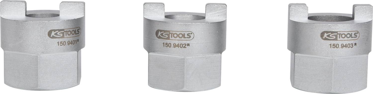 Drei silberne Steckschlüssel mit Sechskant und Beschriftung 'KS Tools 150.9400', '150.9402', '150.9403', auf weißem Hintergrund.