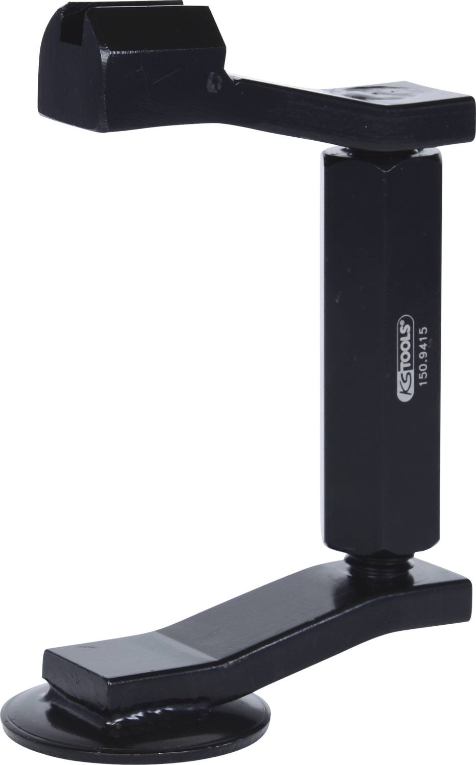 Ein schwarzes Metallwerkzeug in L-Form mit quadratischem Griff an der Oberseite und runder Basis, verwendet zur Unterstützung.