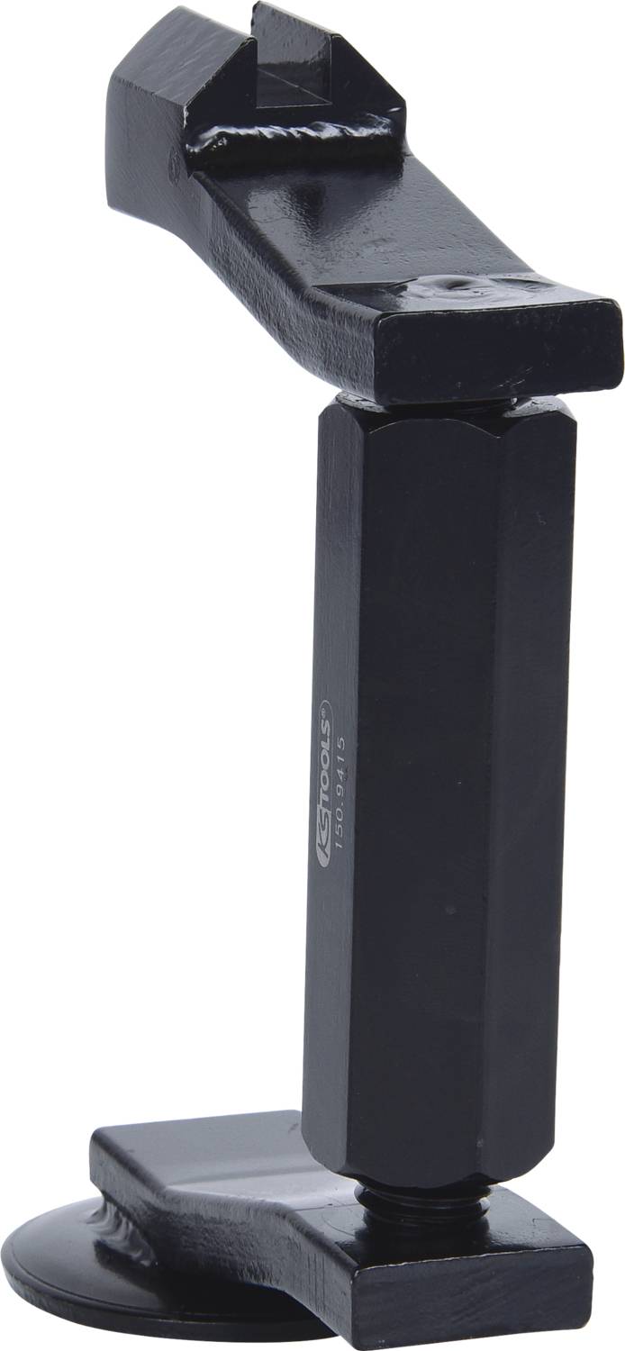 Schwarze, metallische Halterung mit rechteckigen Abschnitten und einer Basis. Verwendet für Befestigungszwecke.