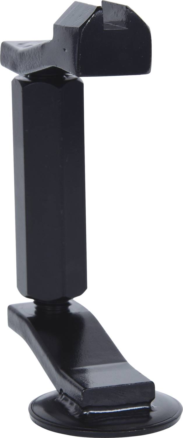 Ein schwarzes, L-förmiges Metallteil mit einem rechteckigen Sockel und einer vertikalen Stütze, die einen Mechanismus oben hält.