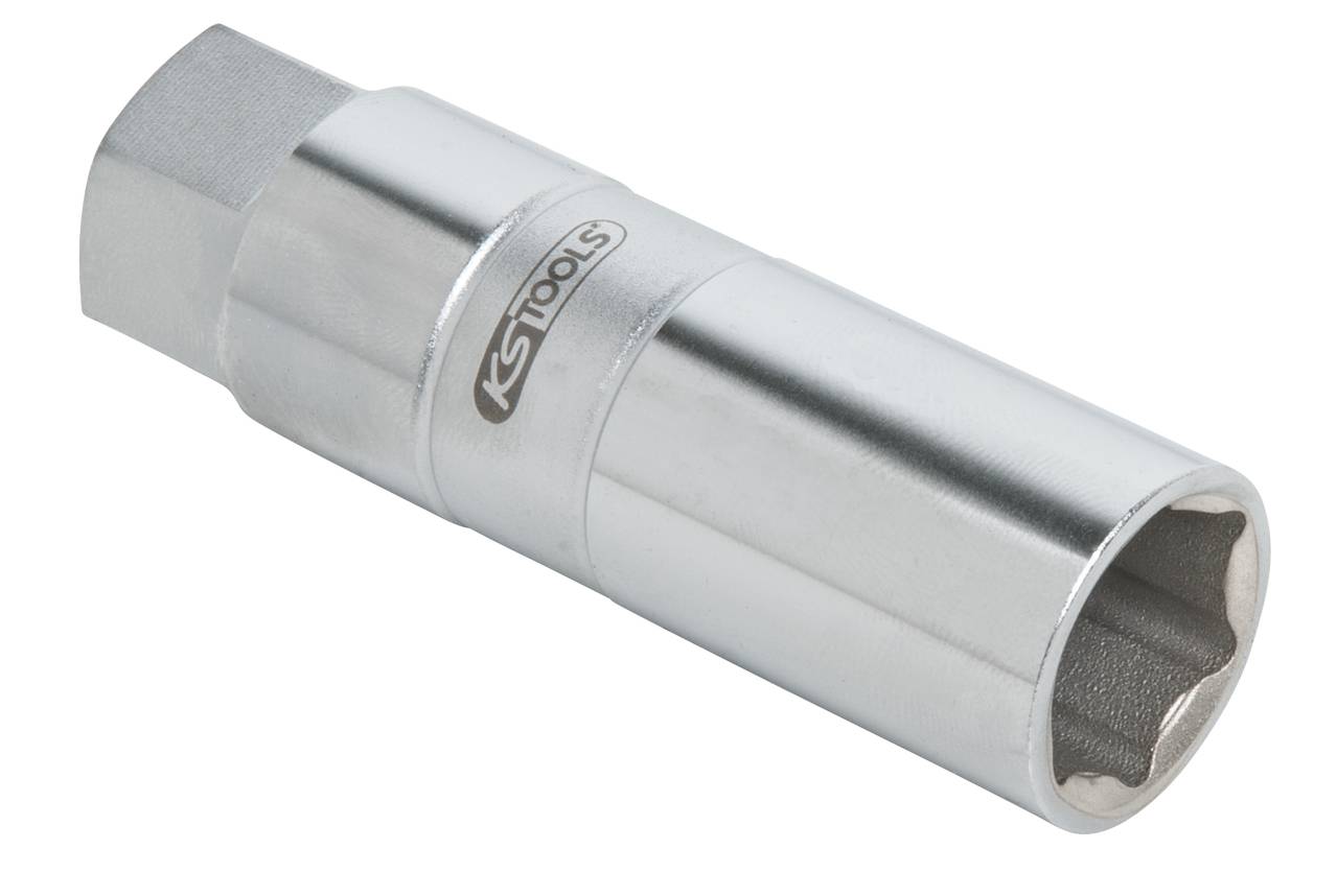 Zündkerzenschlüssel mit sechskantigem Griff und rundem Kopf, geeignet zum Ein- und Ausbau von Zündkerzen. Silberne Metalloberfläche.