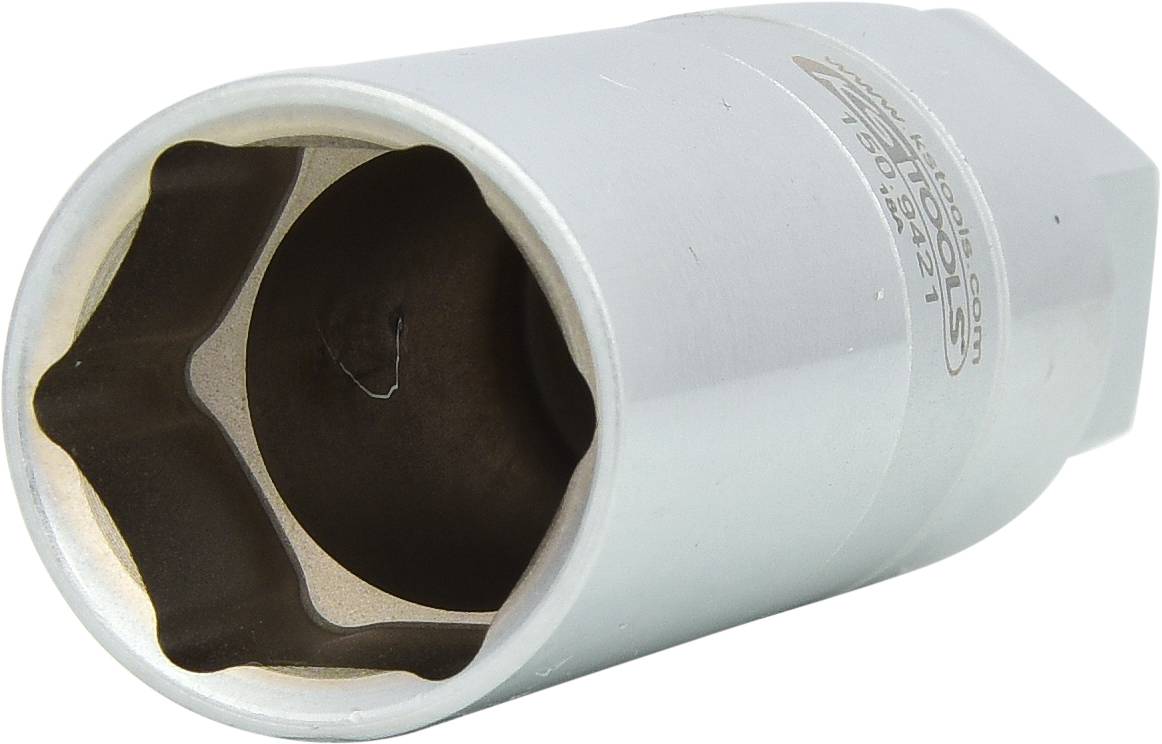 Ein silberner Sechskant-Steckschlüssel mit sechseckiger Öffnung, geeignet für die Anwendung in der Mechanik zur Schraubendrehung.