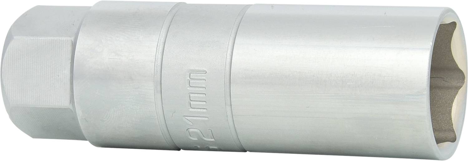 Metallische Stecknuss mit der Aufschrift '21mm', zur Verwendung mit Schraubenschlüsseln.
