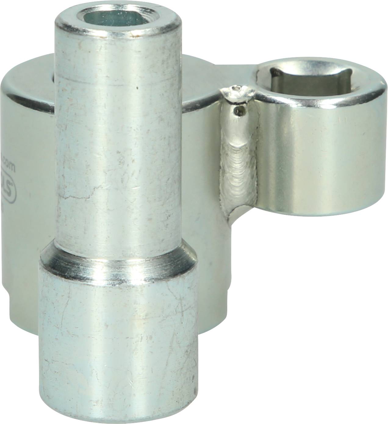 Ein silbernes Metallteil mit zwei zylinderförmigen Elementen, eines vertikal und eines horizontal verbunden, möglicherweise ein Bauteil oder Werkzeug.