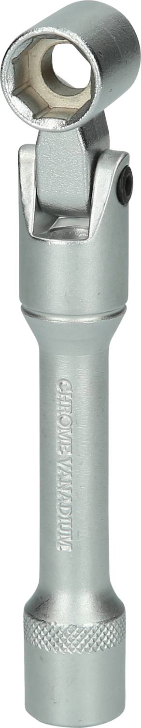 Ein silberner Gelenk-Steckschlüsselaufsatz aus Metall mit einem beweglichen Kopf, geeignet für schwer erreichbare Schrauben.