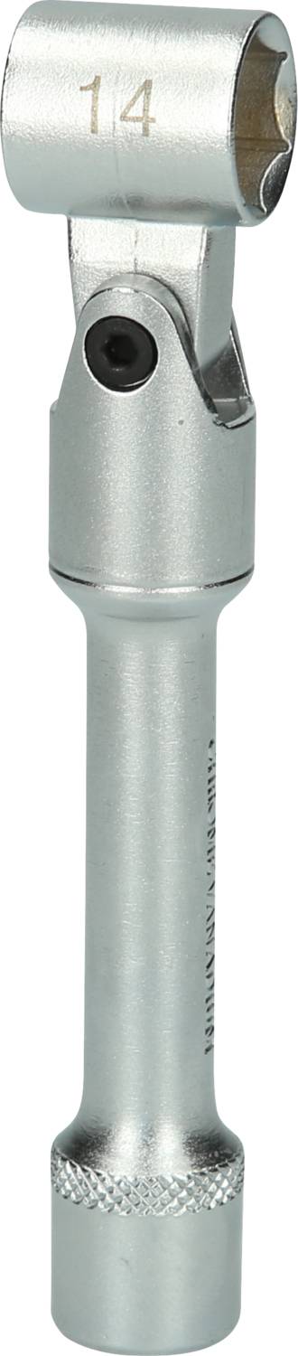 Ein silberner Drehmomentschlüssel mit einer 14-mm-Steckschlüsselöffnung. Werkzeug zur präzisen Befestigung von Schrauben und Muttern.